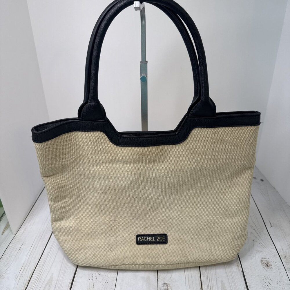 Rachel Zoe Canvas Capri Tote Vegan Black Leather Trim Tote 15”x10” VGUC CHARITY